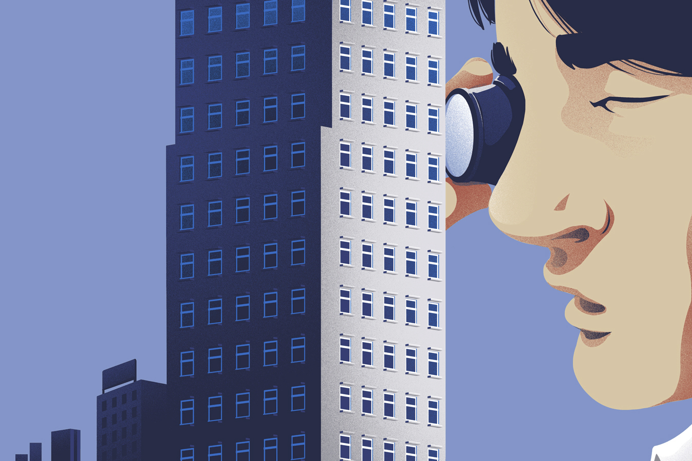 Image d’un homme observant un gratte-ciel avec une loupe.